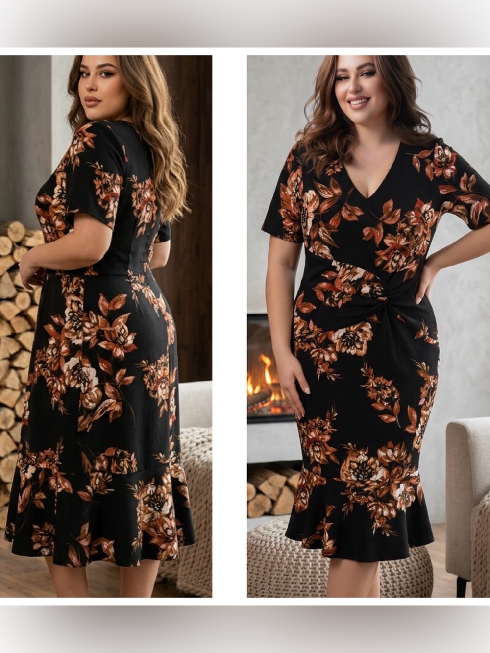 London Times Women’s Sz 14 Black Floral Twist-Front V-Neck flounced Midi Dress